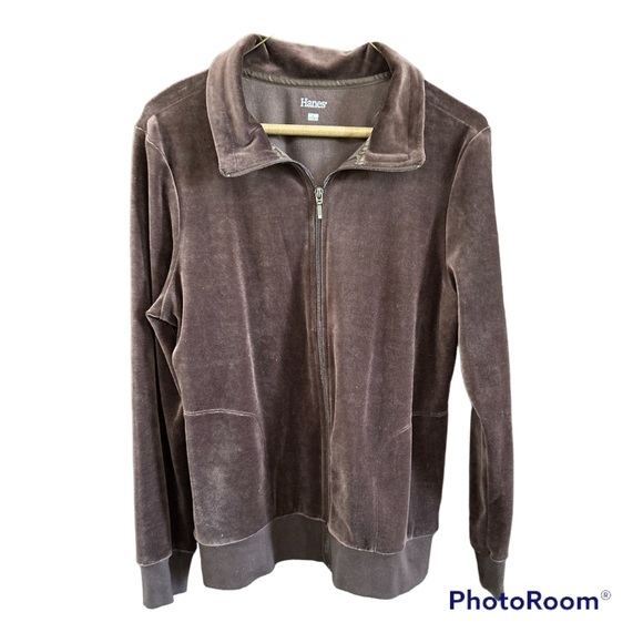 Vintage Hanes chocolate brown Velour Zip Jacket Top Size Large - Picture 3 of 9
